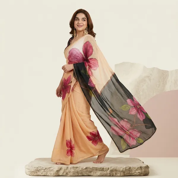 Peach_And_Black_Georgette_Floral_Print_Hand_Work_Saree_With_Heavy_Border_&_Blouse_Piece