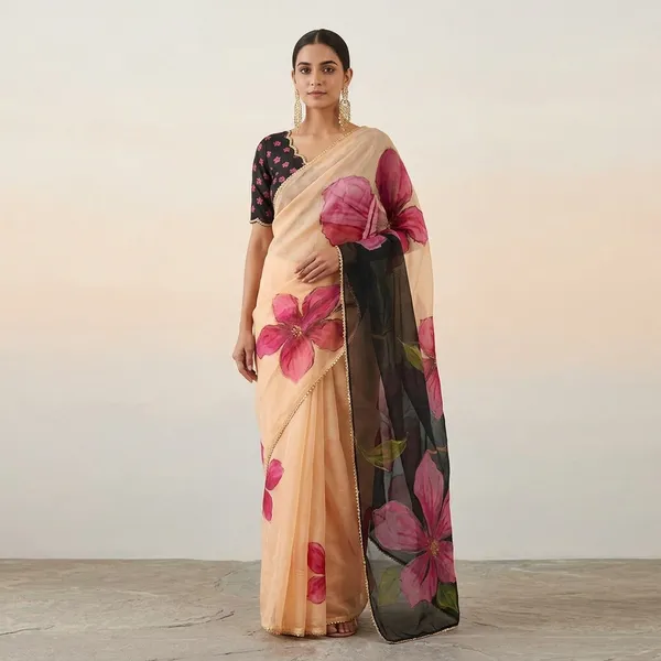 Peach_And_Black_Georgette_Floral_Print_Hand_Work_Saree_With_Heavy_Border_&_Blouse_Piece