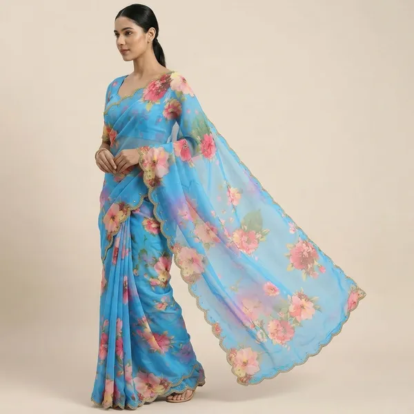 Sky_Blue_Georgette_Floral_Print_Hand_Work_Saree_With_Heavy_Border_&_Blouse_Piece