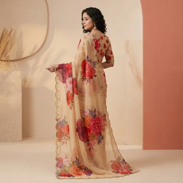 Beige_Georgette_Floral_Print_Hand_Work_Saree_With_Heavy_Border_&_Blouse_Piece