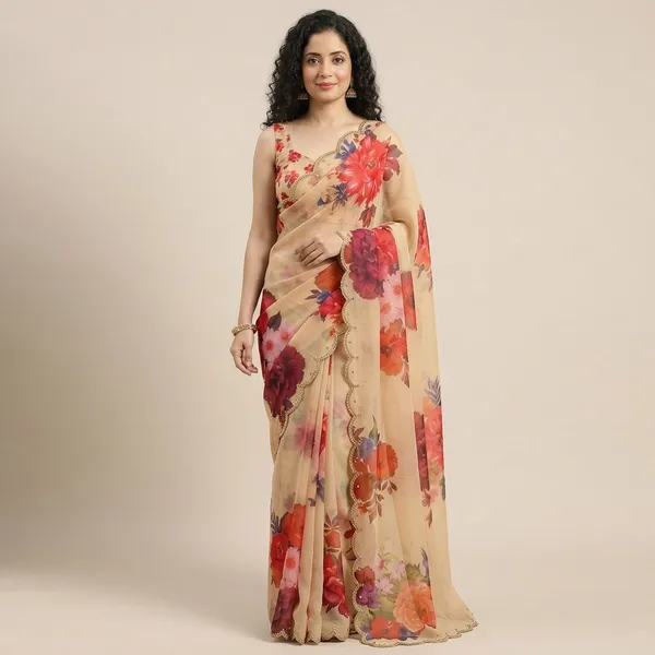 Beige_Georgette_Floral_Print_Hand_Work_Saree_With_Heavy_Border_&_Blouse_Piece