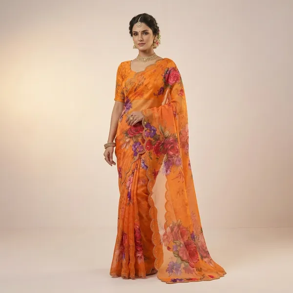 Orange_Georgette_Floral_Print_Hand_Work_Saree_With_Heavy_Border_&_Blouse_Piece