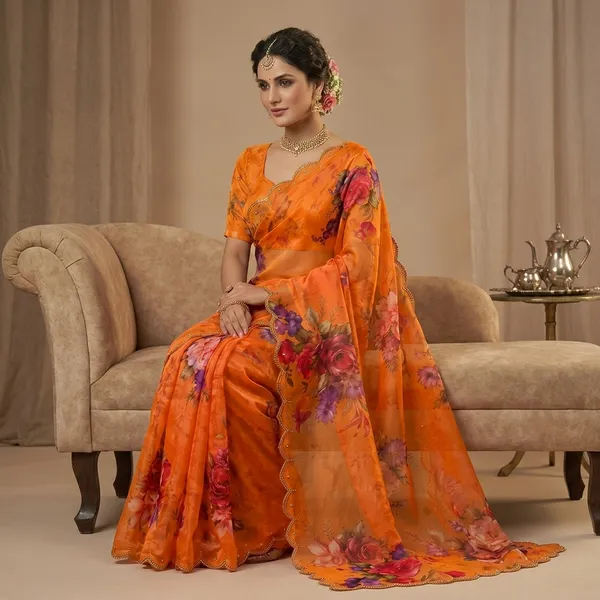 Orange_Georgette_Floral_Print_Hand_Work_Saree_With_Heavy_Border_&_Blouse_Piece