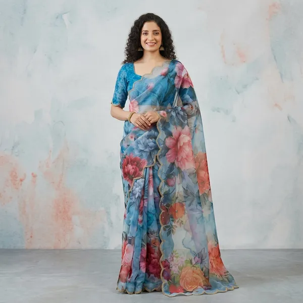 Ocean_Blue_Georgette_Floral_Print_Hand_Work_Saree_With_Heavy_Border_&_Blouse_Piece