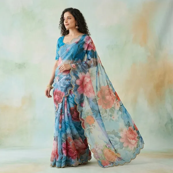 Ocean_Blue_Georgette_Floral_Print_Hand_Work_Saree_With_Heavy_Border_&_Blouse_Piece