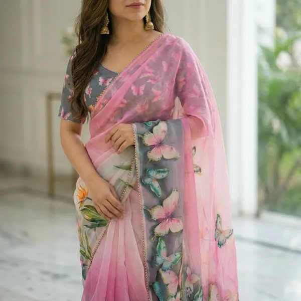 Pink_And_Slate_Grey_Butterfly_Print_Georgette_Saree_With_Pearl_Border_&_Blouse_Piece
