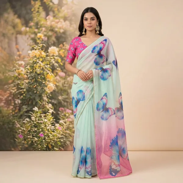 Mint_Green_And_Pink_Butterfly_Print_Georgette_Saree_With_Pearl_Border_&_Blouse_Piece