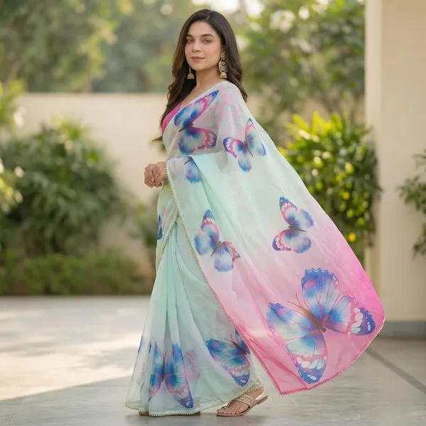 Mint_Green_And_Pink_Butterfly_Print_Georgette_Saree_With_Pearl_Border_&_Blouse_Piece