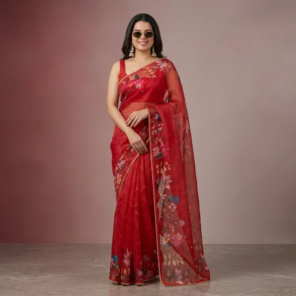 Crimson_Red_Floral_Georgette_Saree_With_Pearl_Border_&_Blouse_Piece