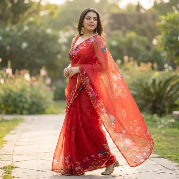 Crimson_Red_Floral_Georgette_Saree_With_Pearl_Border_&_Blouse_Piece
