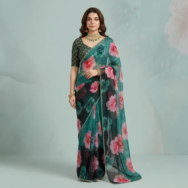 Forest_Green_And_Black_Floral_Georgette_Saree_With_Golden_Border_&_Blouse_Piece