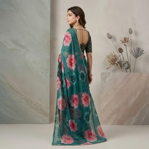 Forest_Green_And_Black_Floral_Georgette_Saree_With_Golden_Border_&_Blouse_Piece