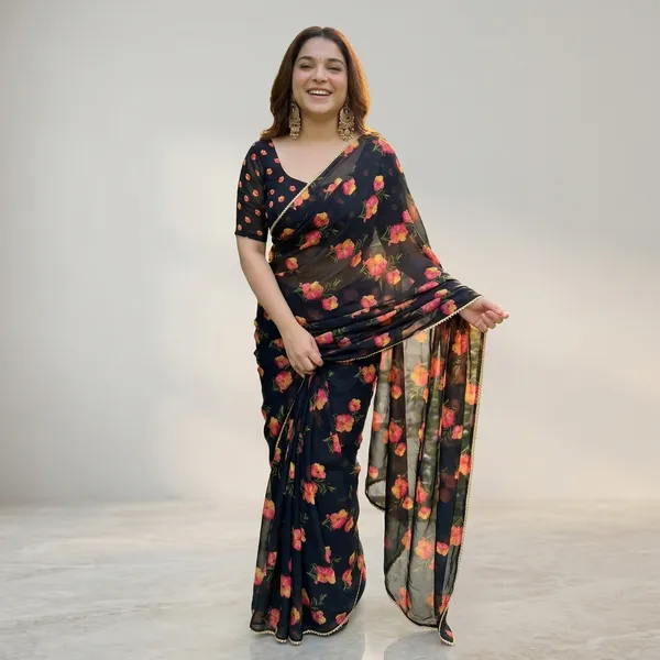 Midnight_Black_Floral_Georgette_Saree_With_Golden_Border_&_Blouse_Piece