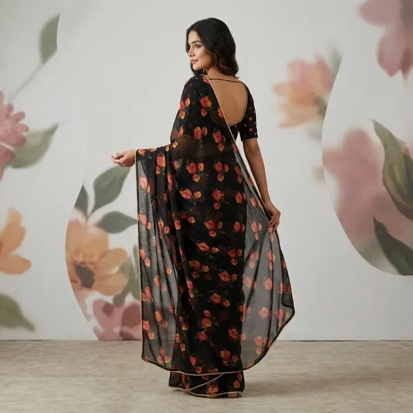 Midnight_Black_Floral_Georgette_Saree_With_Golden_Border_&_Blouse_Piece