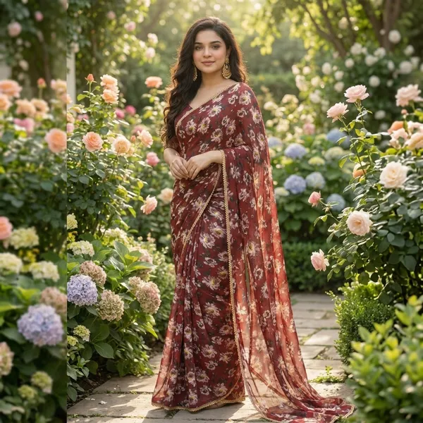 Chocolate_Maroon_Floral_Georgette_Saree_With_Gold_trim_Border_&_Blouse_Piece