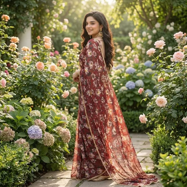 Chocolate_Maroon_Floral_Georgette_Saree_With_Gold_trim_Border_&_Blouse_Piece
