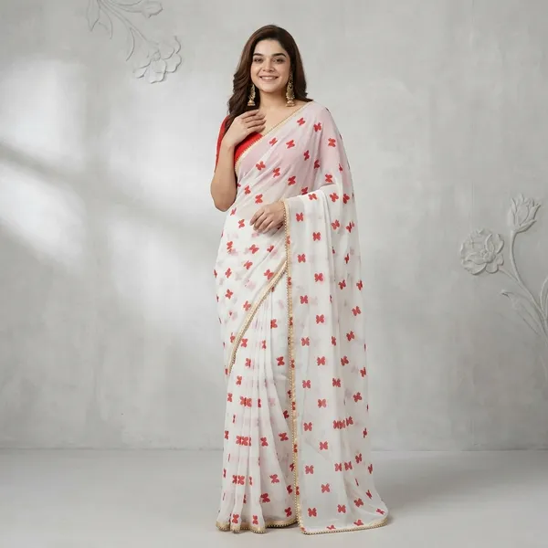 Off_White_Butterfly_Georgette_Saree_With_Pearl_Border_&_Blouse_Piece