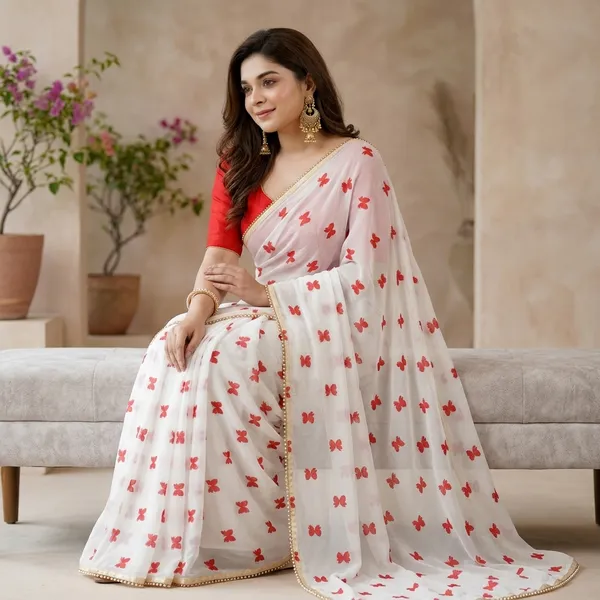 Off_White_Butterfly_Georgette_Saree_With_Pearl_Border_&_Blouse_Piece