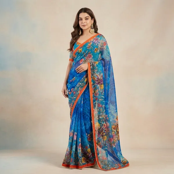 Royal_Blue_And_Orange_Floral_Georgette_Saree_With_Golden_Border_&_Blouse_Piece