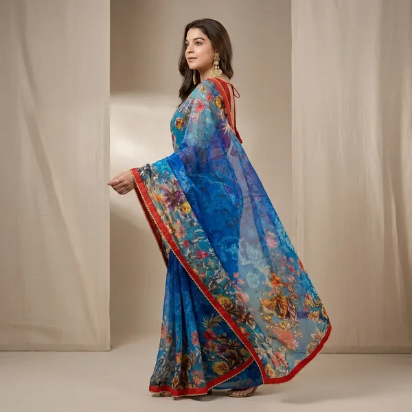 Royal_Blue_And_Orange_Floral_Georgette_Saree_With_Golden_Border_&_Blouse_Piece