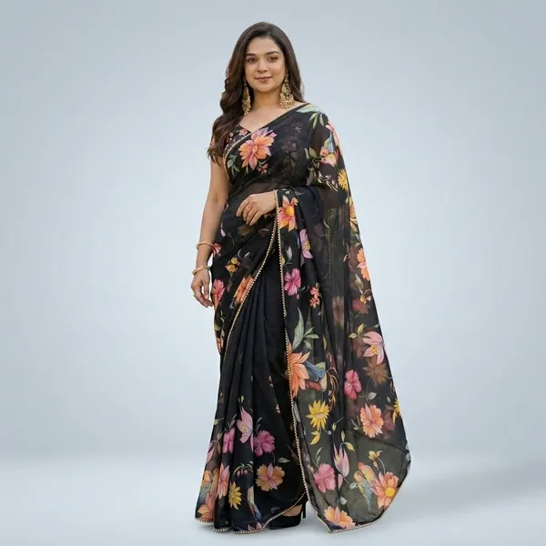 Jet_Black_Floral_Georgette_Saree_With_Heavy_Border_&_Blouse_Piece