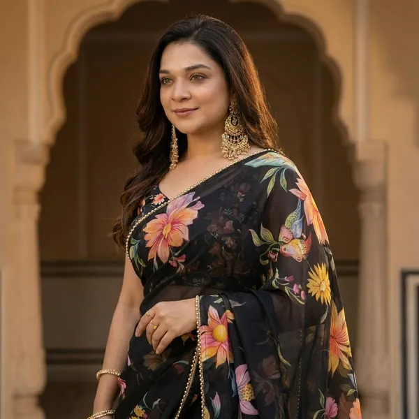 Jet_Black_Floral_Georgette_Saree_With_Heavy_Border_&_Blouse_Piece