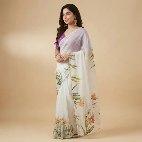 Off_White_Floral_Georgette_Saree_With_Heavy_Border_&_Blouse_Piece