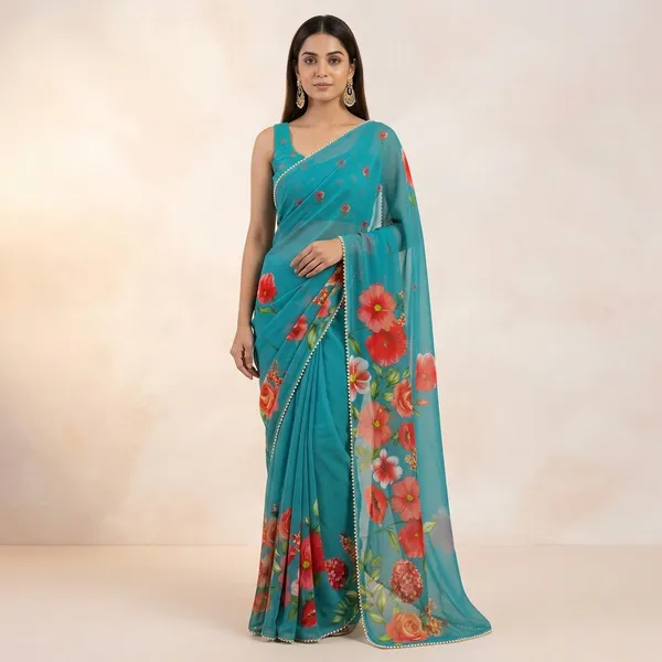 Turquoise_Blue_Floral_Georgette_Saree_With_Heavy_Border_&_Blouse_Piece