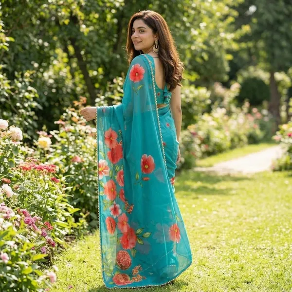 Turquoise_Blue_Floral_Georgette_Saree_With_Heavy_Border_&_Blouse_Piece