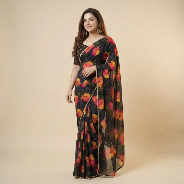 Black_Floral_Georgette_Saree_With_Heavy_Border_&_Blouse_Piece