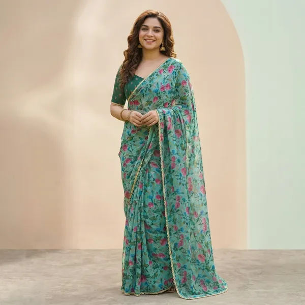 Sage_Green_Floral_Georgette_Saree_With_Heavy_Border_&_Blouse_Piece