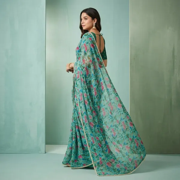 Sage_Green_Floral_Georgette_Saree_With_Heavy_Border_&_Blouse_Piece