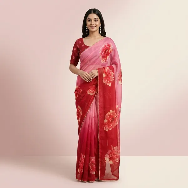 Red_And_Pink_Ombre_Floral_Georgette_Saree_With_Heavy_Border_&_Blouse_Piece