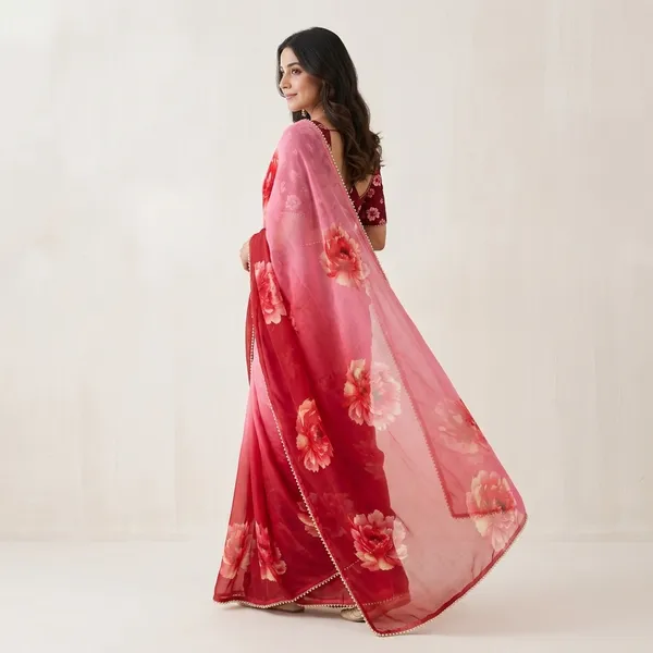 Red_And_Pink_Ombre_Floral_Georgette_Saree_With_Heavy_Border_&_Blouse_Piece