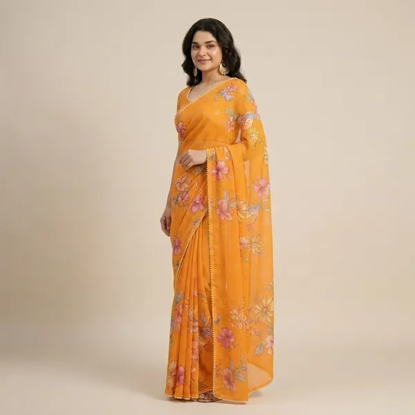 Orange_Floral_Georgette_Saree_With_Heavy_Border_&_Blouse_Piece