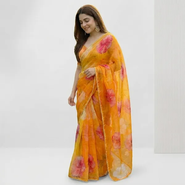 Mustard_Yellow_Floral_Georgette_Saree_With_Heavy_Border_&_Blouse_Piece