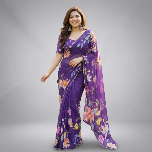 Violet_Purple_Floral_Georgette_Saree_With_Heavy_Border_&_Blouse_Piece