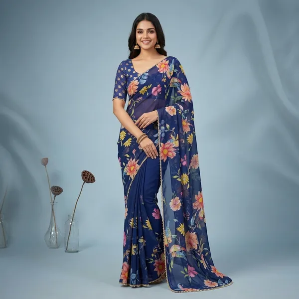 Blue_Floral_Georgette_Saree_With_Heavy_Border_&_Blouse_Piece
