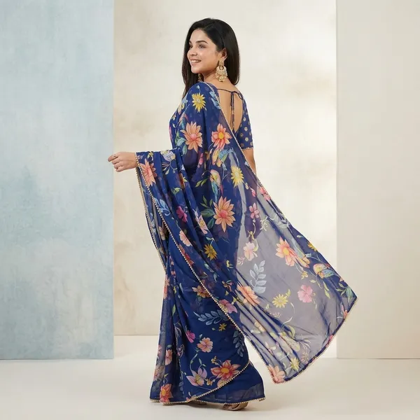 Blue_Floral_Georgette_Saree_With_Heavy_Border_&_Blouse_Piece