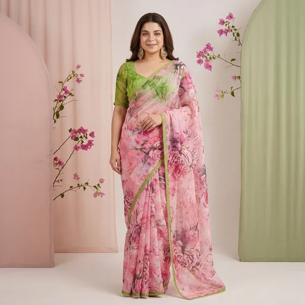 Blush_Pink_And_Green_Floral_Georgette_Saree_With_Heavy_Border_&_Blouse_Piece