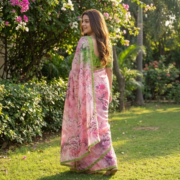 Blush_Pink_And_Green_Floral_Georgette_Saree_With_Heavy_Border_&_Blouse_Piece