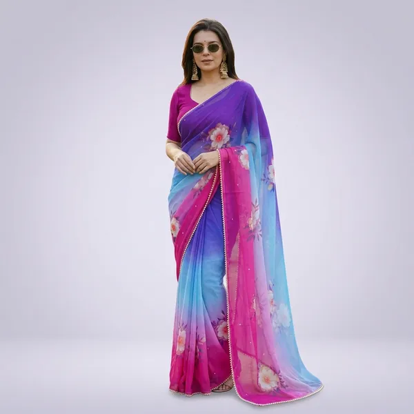 Blue_And_Pink_Gradient_Floral_Georgette_Saree_With_Heavy_Border_&_Blouse_Piece