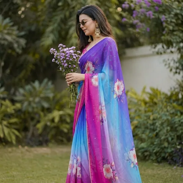 Blue_And_Pink_Gradient_Floral_Georgette_Saree_With_Heavy_Border_&_Blouse_Piece