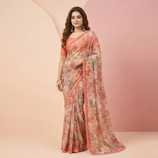 Warm_Peach_Floral_Georgette_Saree_With_Heavy_Border_&_Blouse_Piece
