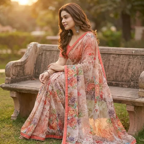Warm_Peach_Floral_Georgette_Saree_With_Heavy_Border_&_Blouse_Piece