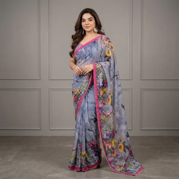 Slate_Grey_Floral_Georgette_Saree_With_Heavy_Border_&_Blouse_Piece