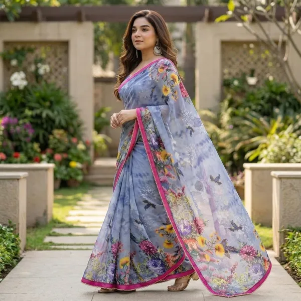 Slate_Grey_Floral_Georgette_Saree_With_Heavy_Border_&_Blouse_Piece