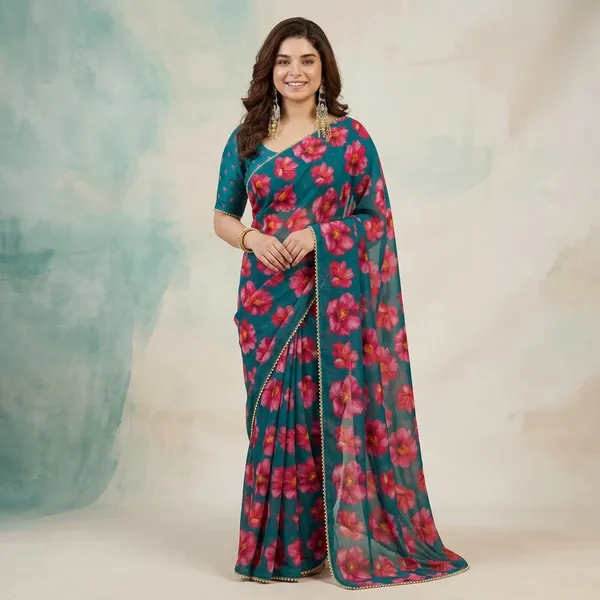 Teal_Blue_Floral_Georgette_Saree_With_Heavy_Border_&_Blouse_Piece