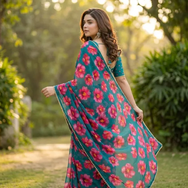 Teal_Blue_Floral_Georgette_Saree_With_Heavy_Border_&_Blouse_Piece