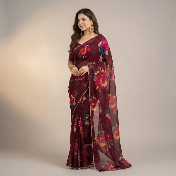 Burgundy_Floral_Georgette_Saree_With_Heavy_Border_&_Blouse_Piece